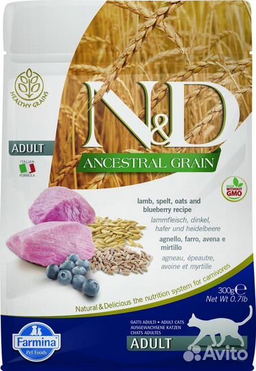 Корм farmina для взрослых кошек, ягненок с чернико