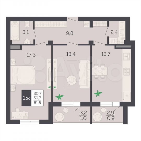 2-к. квартира, 61,6 м², 3/8 эт.