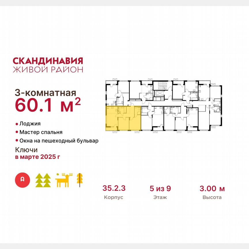 3-к. квартира, 60,1 м², 5/9 эт.
