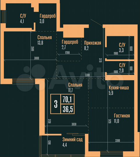 3-к. квартира, 70,1 м², 22/25 эт.