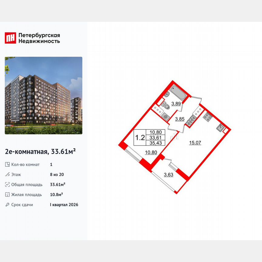 1-к. квартира, 33,6 м², 8/20 эт.