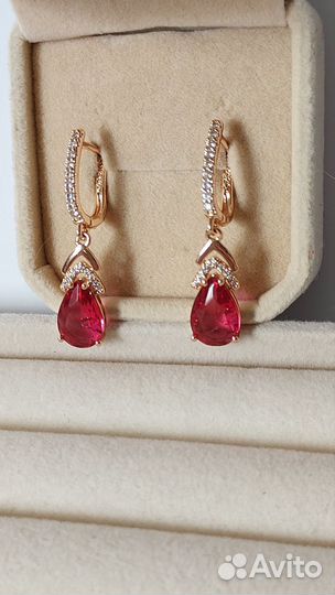 Золотые серьги циркон рубин новые проба 585 RG