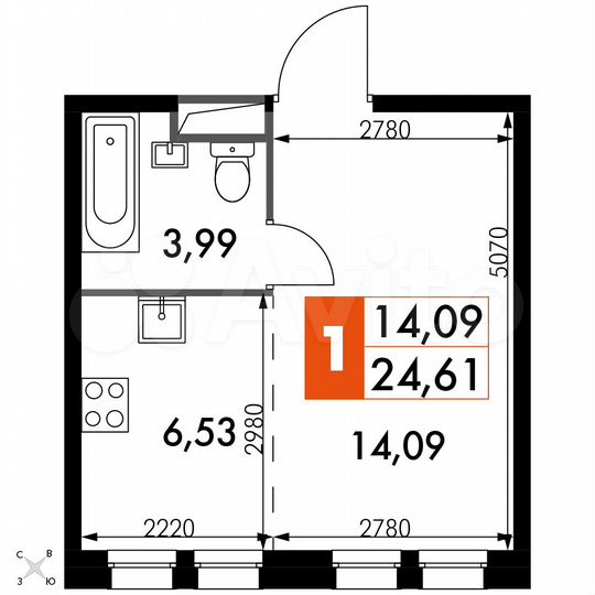 1-к. апартаменты, 24,6 м², 11/15 эт.