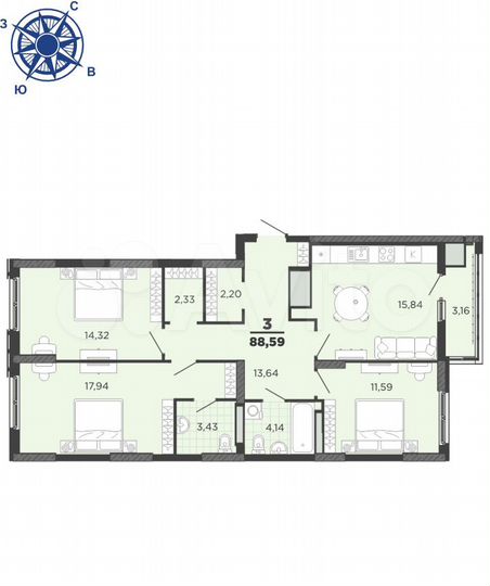 3-к. квартира, 88,6 м², 19/25 эт.