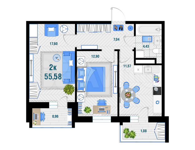 2-к. квартира, 55,6 м², 6/12 эт.