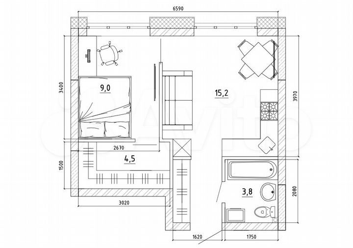 Своб. планировка, 33,5 м², 12/15 эт.