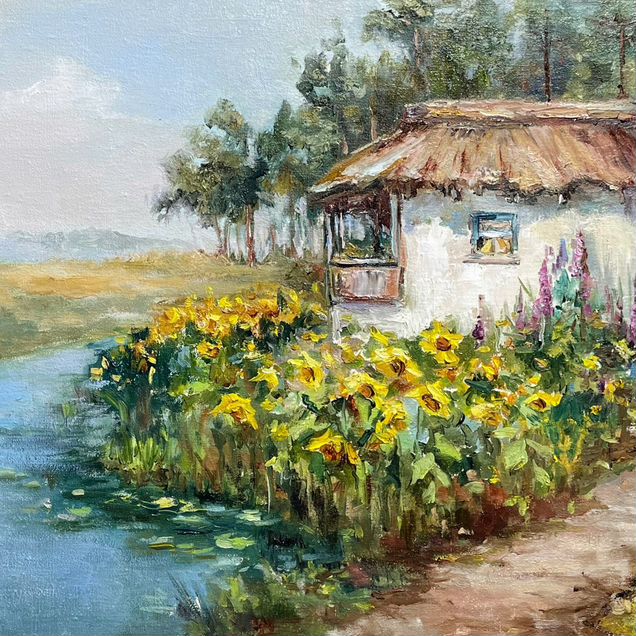 Картина маслом на холсте деревенский пейзаж