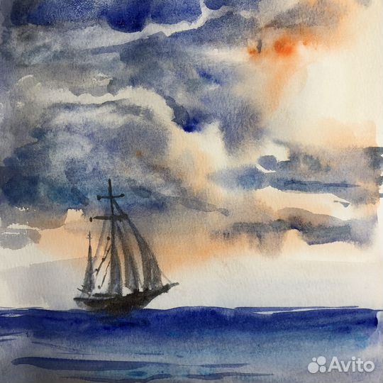 Акварель море парусник
