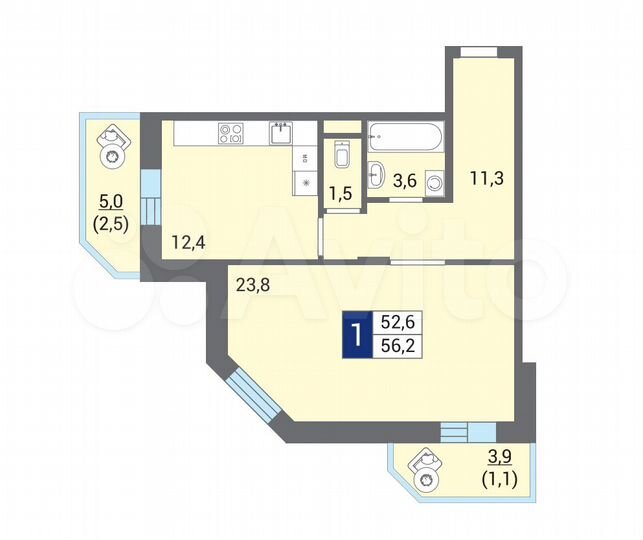 1-к. квартира, 56 м², 12/12 эт.