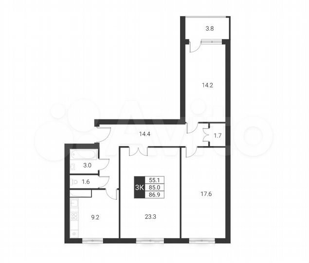 3-к. квартира, 85 м², 2/7 эт.