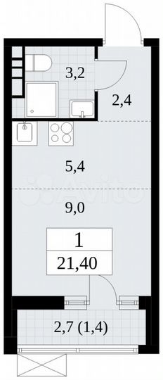 Квартира-студия, 21,4 м², 12/18 эт.