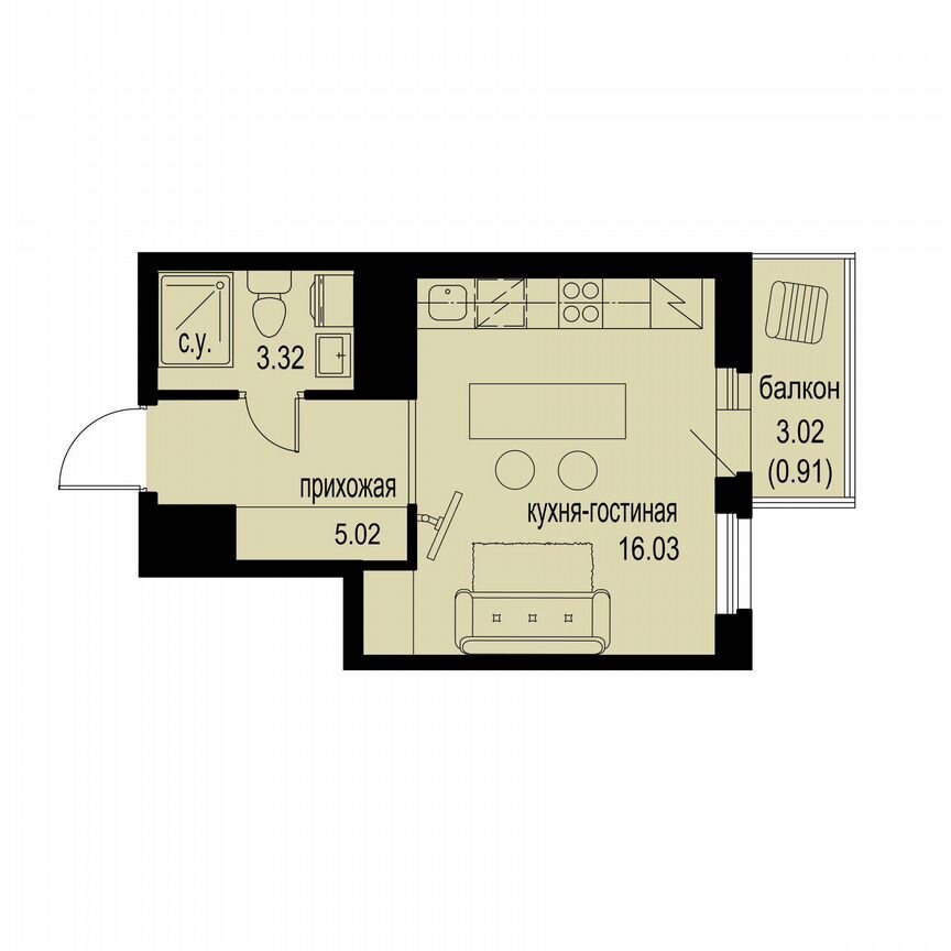Квартира-студия, 25,3 м², 8/12 эт.