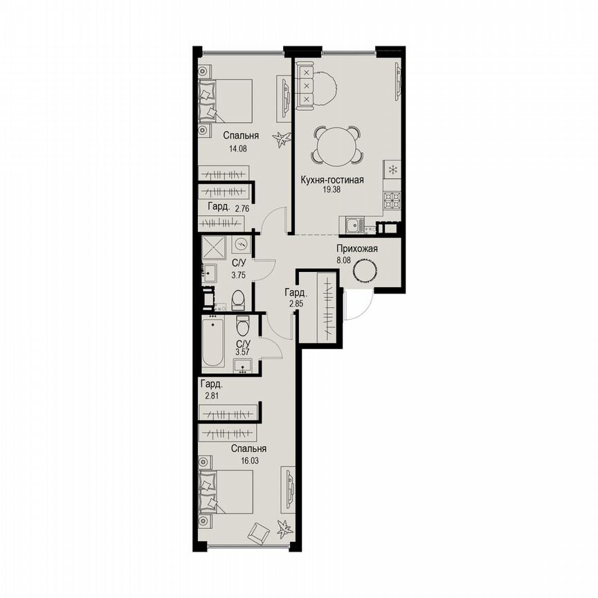 2-к. квартира, 73,3 м², 4/6 эт.