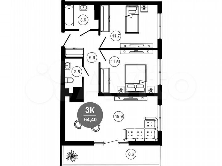 3-к. апартаменты, 61 м², 7/10 эт.