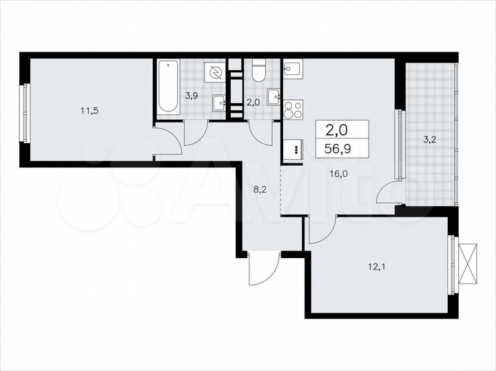 2-к. квартира, 56,9 м², 7/11 эт.