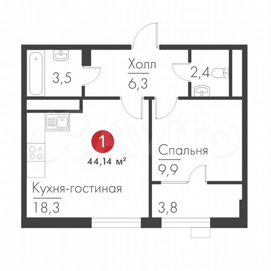 1-к. квартира, 44,1 м², 12/19 эт.