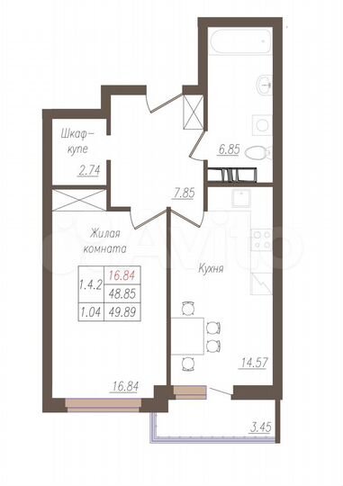 1-к. квартира, 49,9 м², 13/19 эт.
