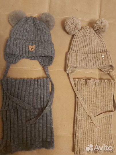 Зимние шапки на завязках и снуд для мальчика 48 50