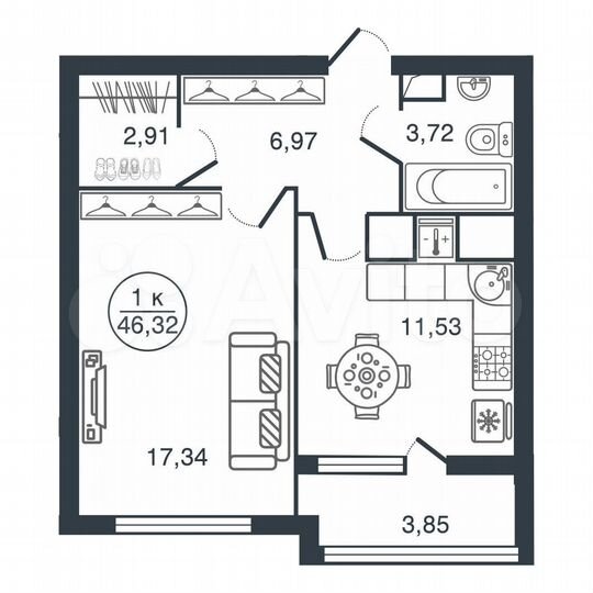 1-к. квартира, 46,3 м², 16/17 эт.
