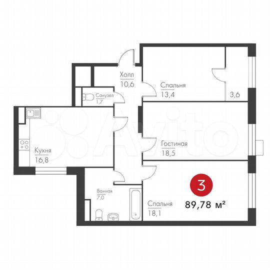 3-к. квартира, 89,8 м², 11/19 эт.