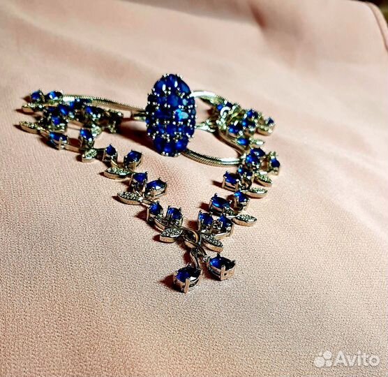 Колье и кольцо синяя шпинель комплект
