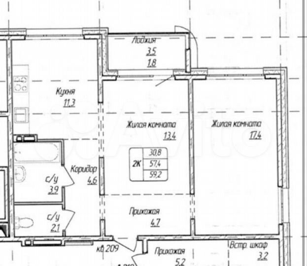 2-к. квартира, 57,4 м², 4/17 эт.