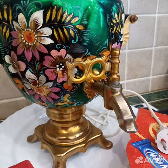 Самовар электрический 3л латунь роспись Палех СССР