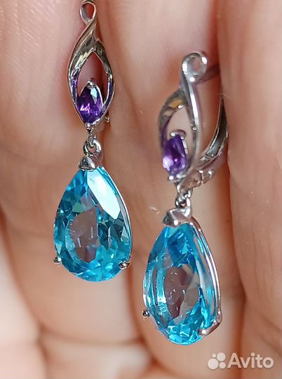 Мюз Золотые серьги-подвески топазы, аметисты