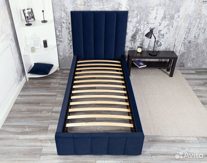Кровать 90х200 синий велюр Богема