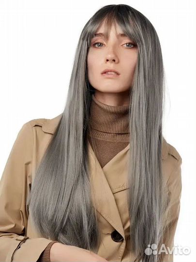 Парик длинные серые волосы до пояса с челкой