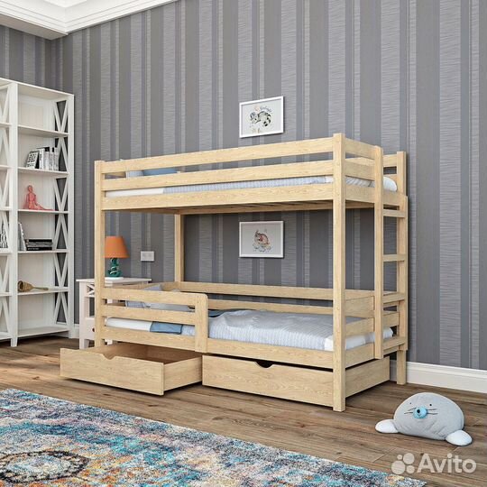 Двухъярусная детская кровать натуральное дерево