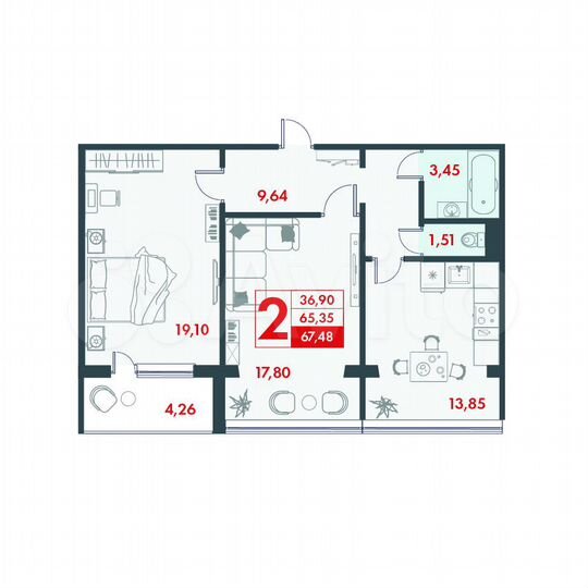 2-к. квартира, 67,5 м², 3/10 эт.