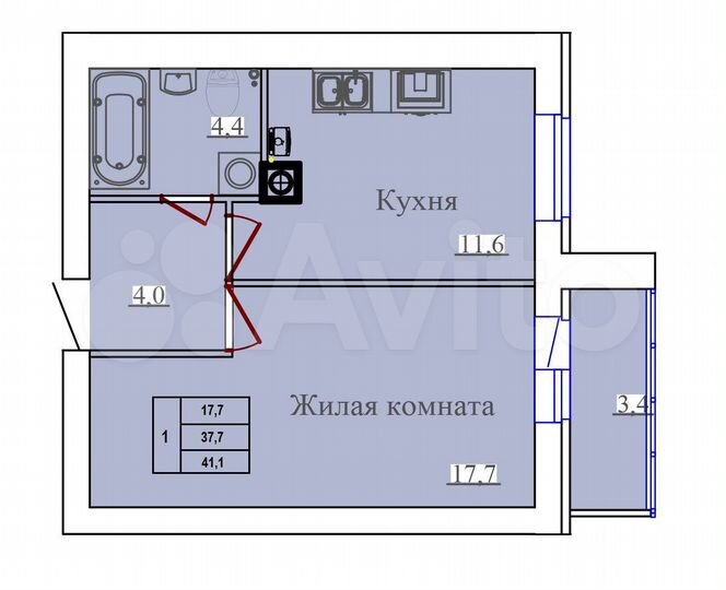 1-к. квартира, 41,1 м², 14/14 эт.