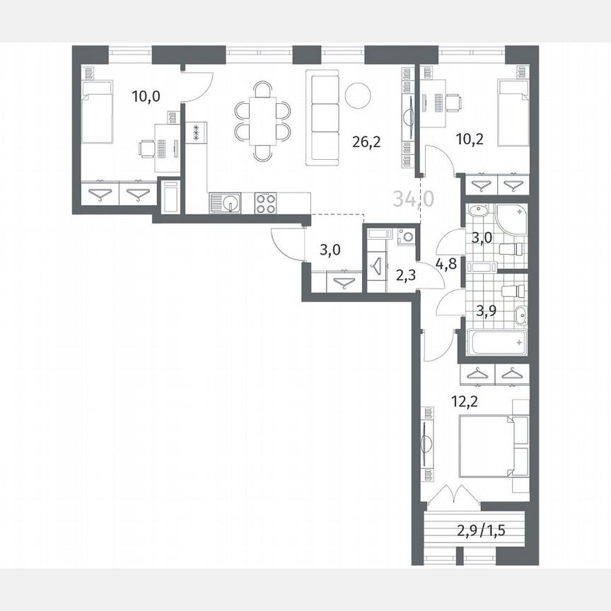 3-к. квартира, 77,1 м², 5/12 эт.