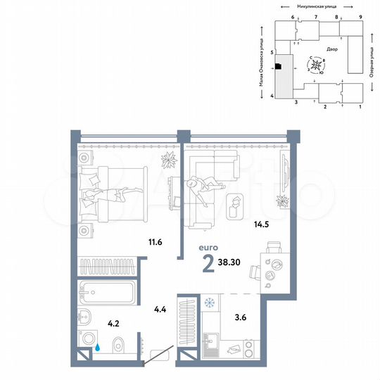 2-к. квартира, 38,3 м², 11/30 эт.