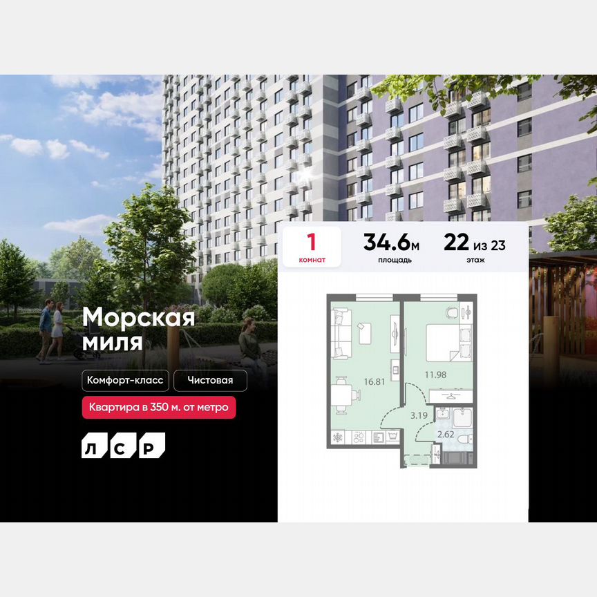 1-к. квартира, 34,6 м², 22/23 эт.