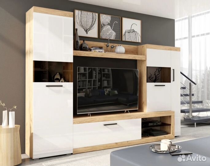 Гостиная бастон Дуб вотан-Белый глянец