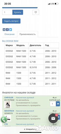 Наконечник рулевой Dodge Ram ES80575