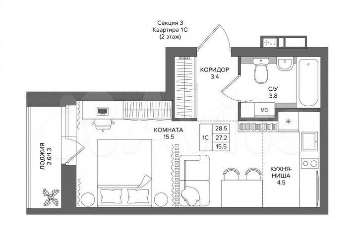 Квартира-студия, 28,5 м², 2/16 эт.