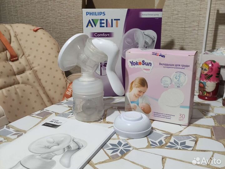 Молокоотсос avent ручной + вкладыши для груди