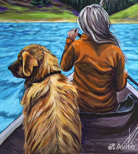 Картина Девушка в лодке с собакой на горном озере