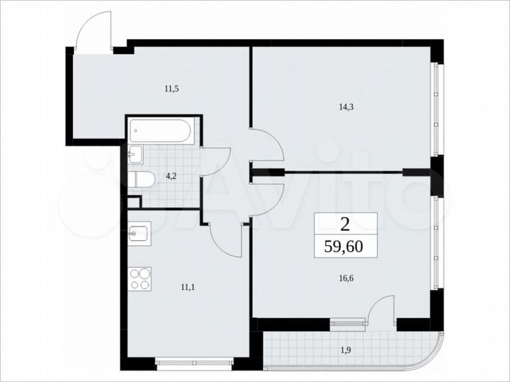 2-к. квартира, 59,6 м², 2/16 эт.
