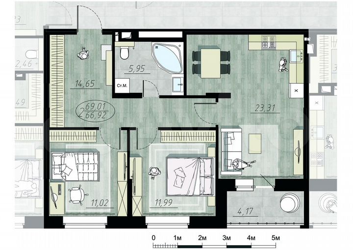 2-к. квартира, 69 м², 7/17 эт.