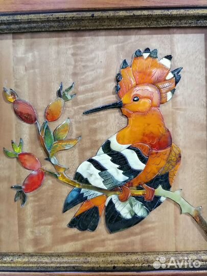 Удод панно мозаика янтарная. Картина из янтаря