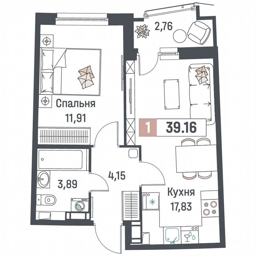 1-к. квартира, 39,2 м², 7/18 эт.