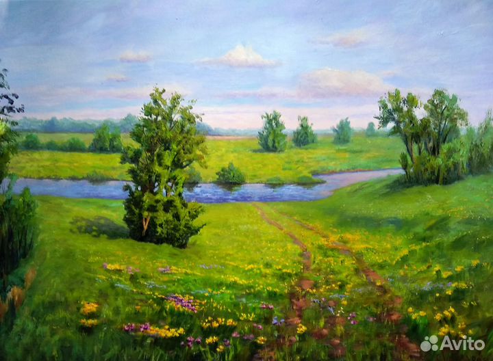 Лето, озеро, картина маслом на холсте