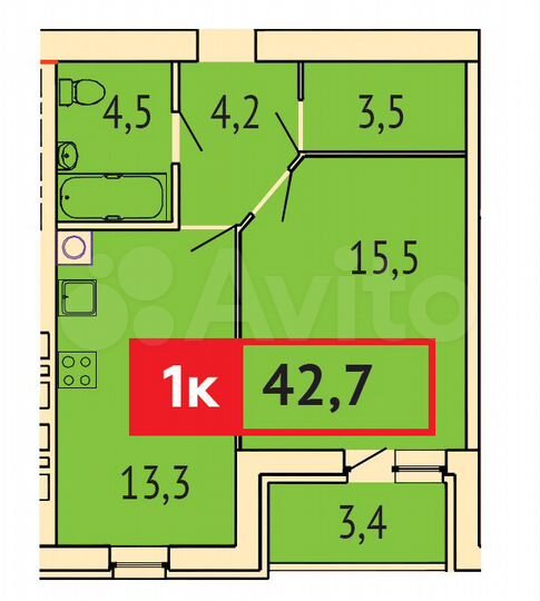 1-к. квартира, 42,7 м², 5/9 эт.
