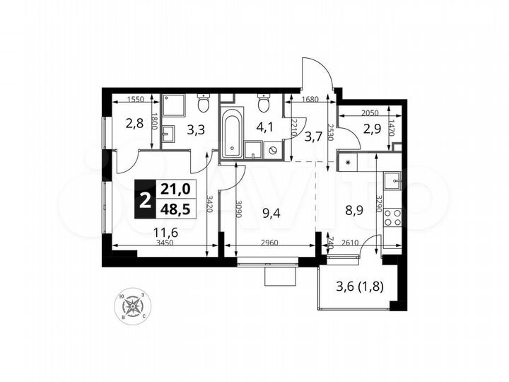 2-к. квартира, 48,5 м², 13/16 эт.
