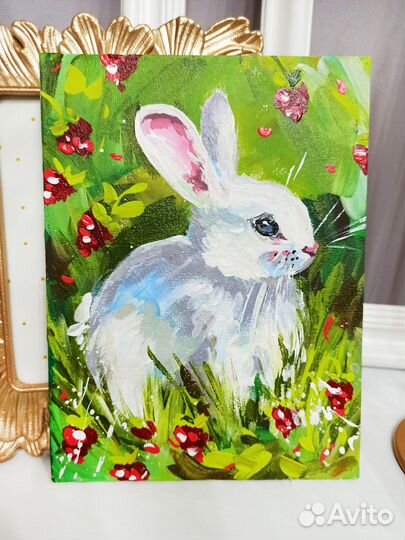 Картина заяц кролик белый масло холст