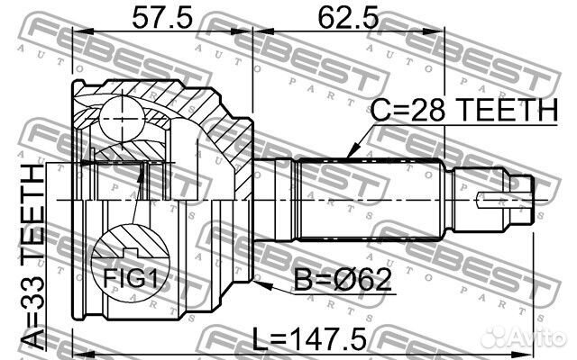 Шрус наружный 33x62x28 mazda 6 gh 07